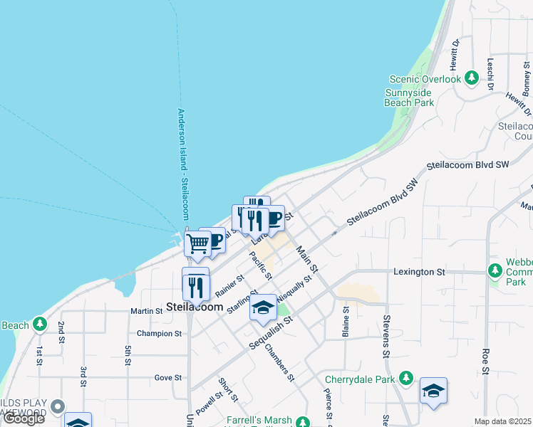 map of restaurants, bars, coffee shops, grocery stores, and more near 1717 Lafayette Street in Steilacoom