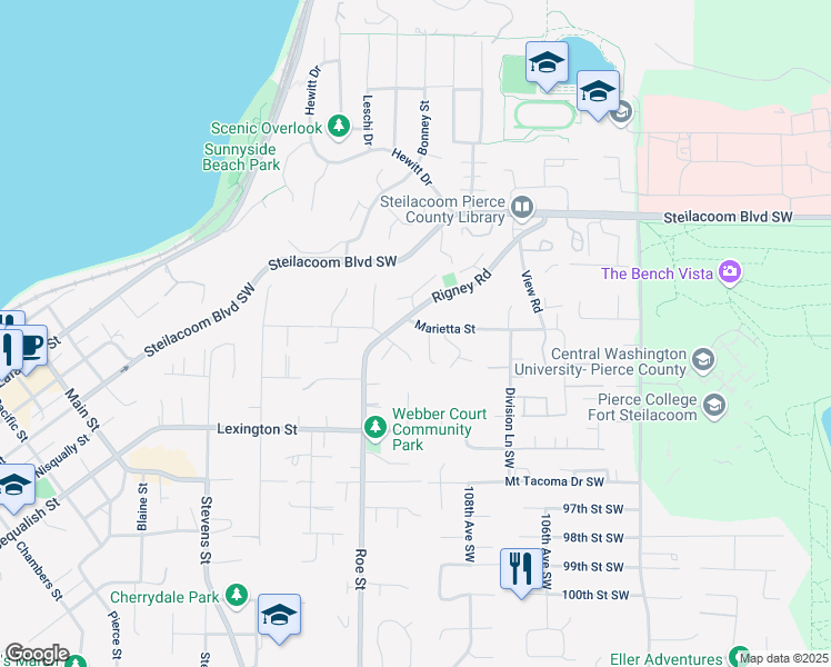 map of restaurants, bars, coffee shops, grocery stores, and more near 2708 Marietta Street in Steilacoom