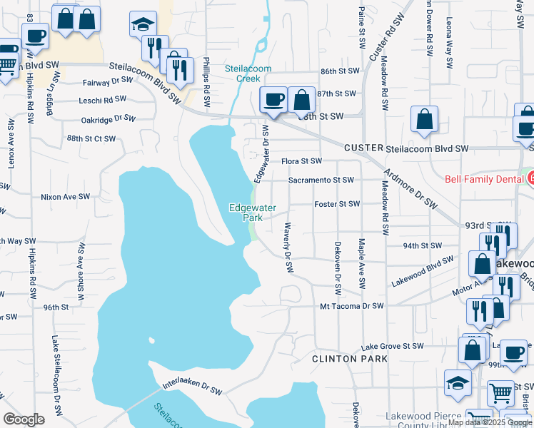 map of restaurants, bars, coffee shops, grocery stores, and more near 7123 Foster Street Southwest in Lakewood