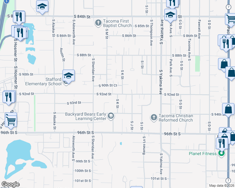 map of restaurants, bars, coffee shops, grocery stores, and more near South K Street in Tacoma