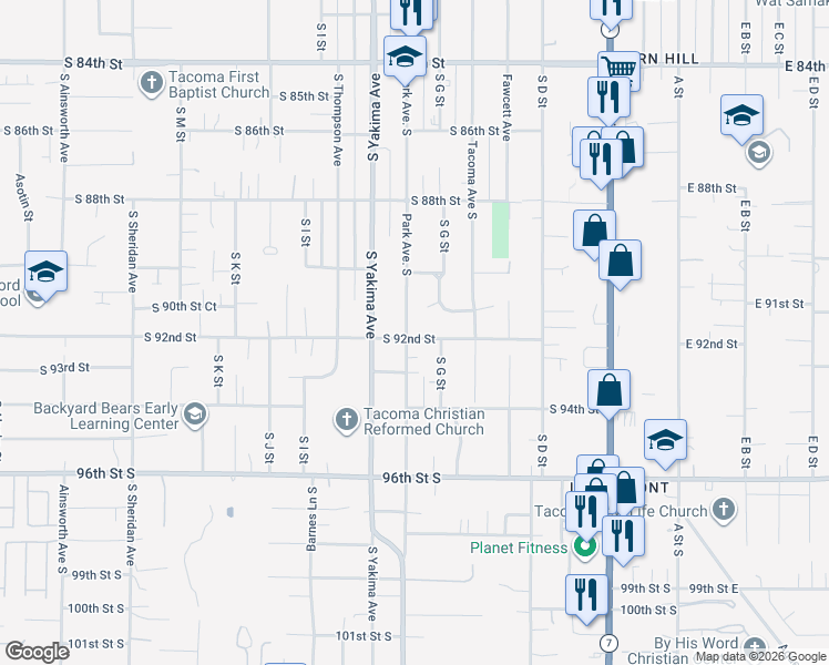 map of restaurants, bars, coffee shops, grocery stores, and more near 9201 South Park Avenue in Tacoma