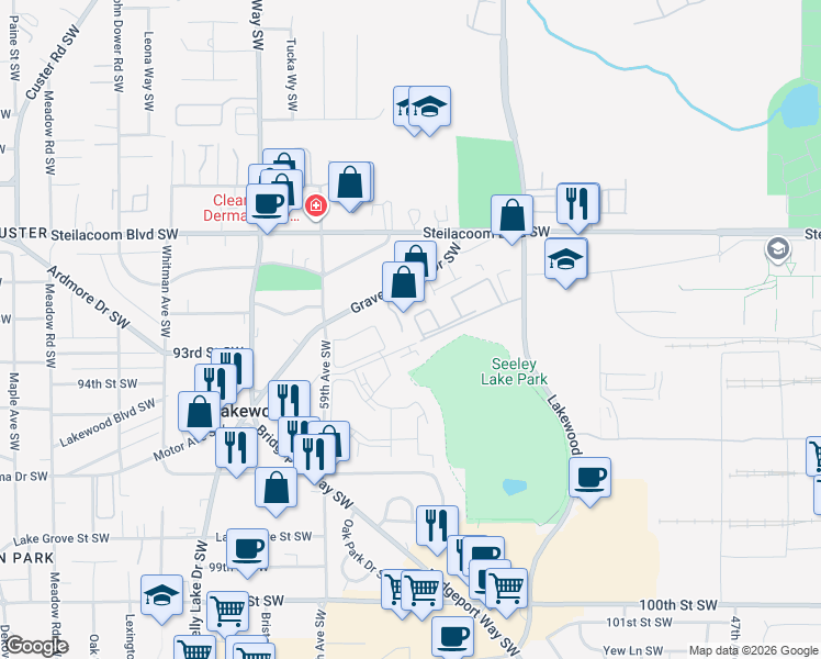 map of restaurants, bars, coffee shops, grocery stores, and more near 5620 93rd Street Southwest in Lakewood