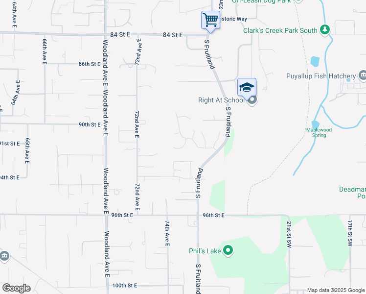 map of restaurants, bars, coffee shops, grocery stores, and more near 27th Street Place Southwest in Puyallup