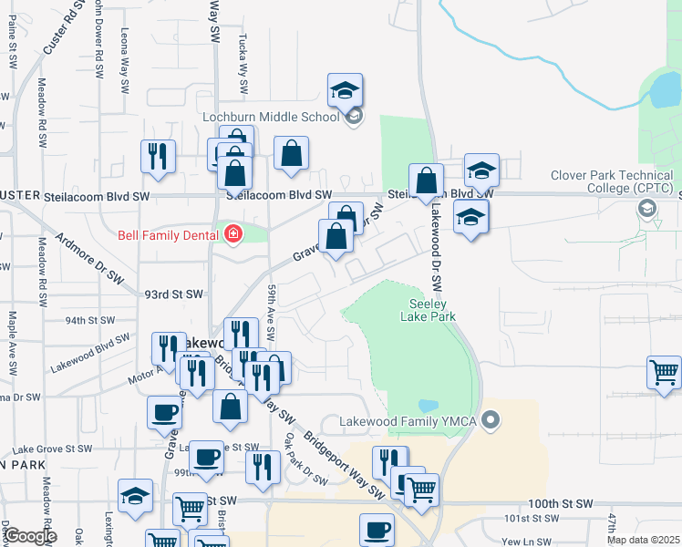 map of restaurants, bars, coffee shops, grocery stores, and more near 5620 93rd Street Southwest in Lakewood