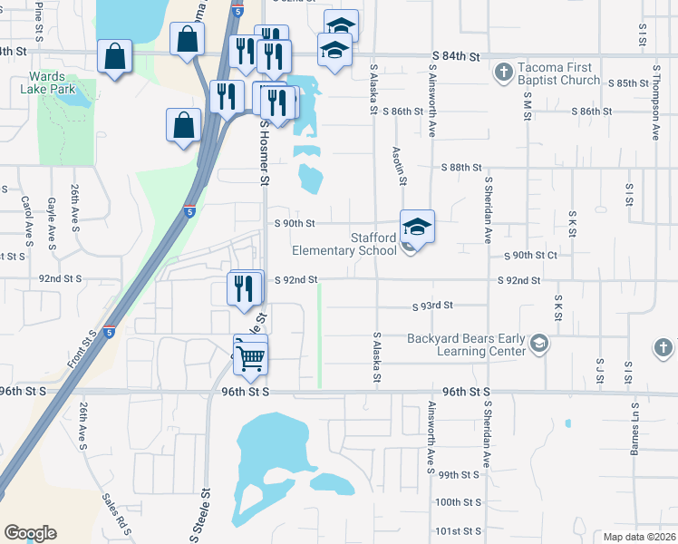 map of restaurants, bars, coffee shops, grocery stores, and more near 1766 South 92nd Street in Tacoma