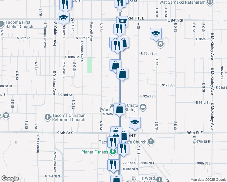 map of restaurants, bars, coffee shops, grocery stores, and more near 9220 Pacific Avenue in Tacoma