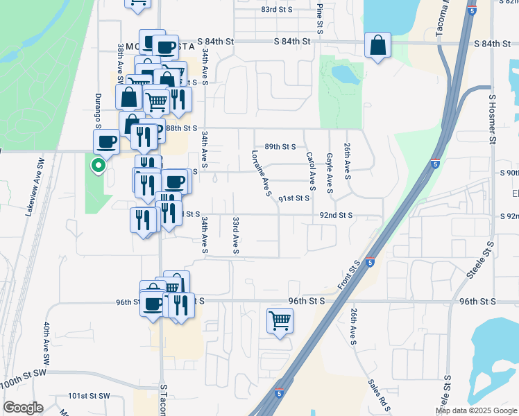 map of restaurants, bars, coffee shops, grocery stores, and more near 3260 92nd Street South in Lakewood