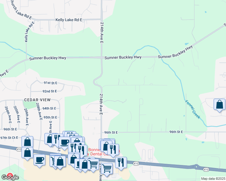 map of restaurants, bars, coffee shops, grocery stores, and more near 9215 214th Avenue East in Bonney Lake