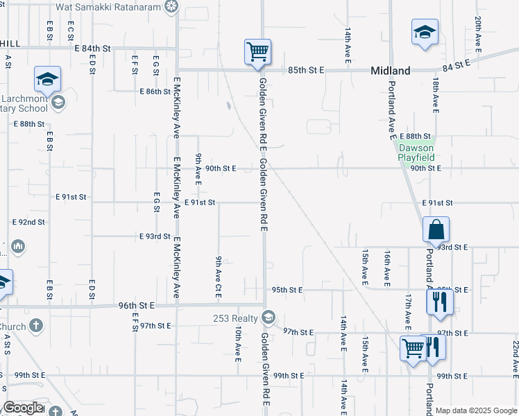 map of restaurants, bars, coffee shops, grocery stores, and more near 1003 93rd Street East in Tacoma