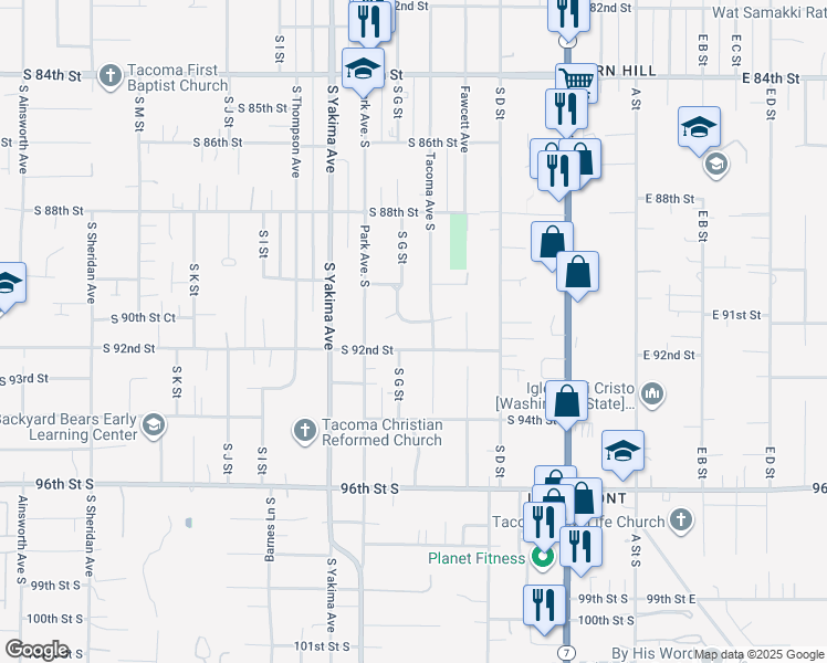 map of restaurants, bars, coffee shops, grocery stores, and more near 9201 South G Street in Tacoma