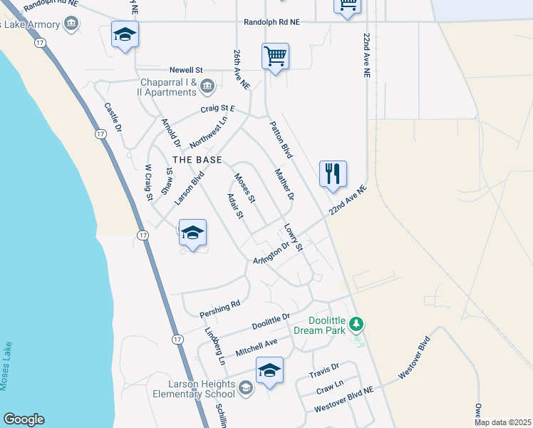 map of restaurants, bars, coffee shops, grocery stores, and more near 1214 Lowry Street in Moses Lake