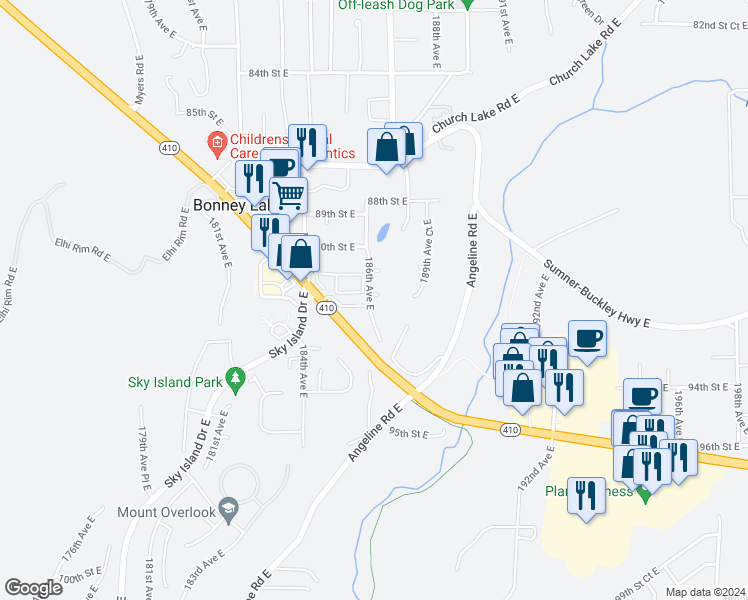 map of restaurants, bars, coffee shops, grocery stores, and more near 9002 186th Avenue East in Bonney Lake
