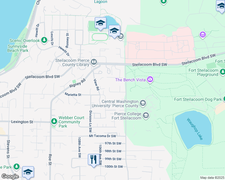 map of restaurants, bars, coffee shops, grocery stores, and more near 10503 91st Street Court Southwest in Lakewood