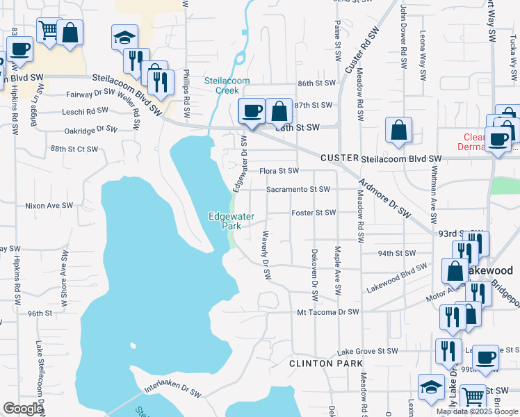 map of restaurants, bars, coffee shops, grocery stores, and more near 9013 Waverly Drive Southwest in Tacoma