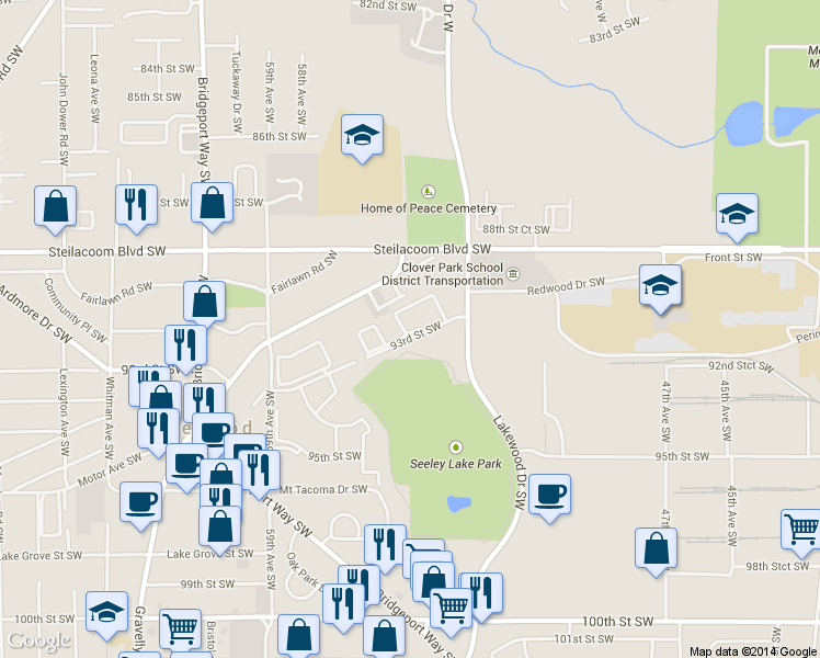 map of restaurants, bars, coffee shops, grocery stores, and more near 9100 Lakewood Drive Southwest in Lakewood