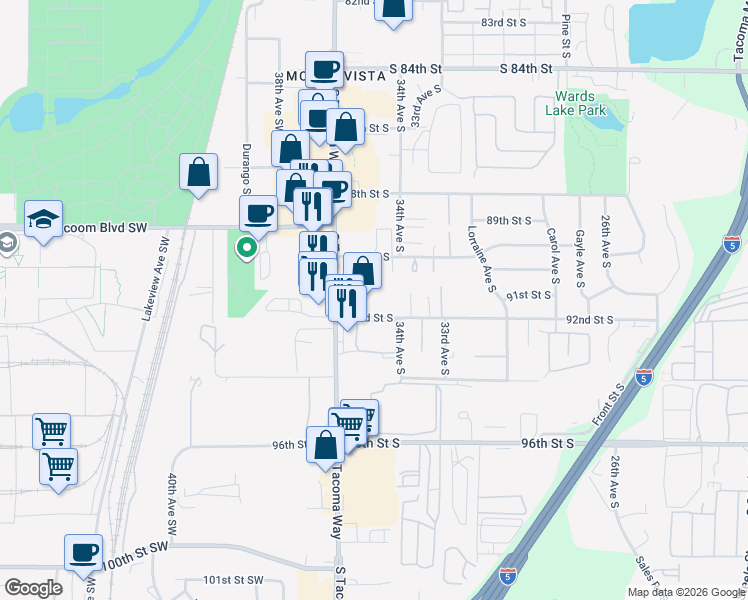 map of restaurants, bars, coffee shops, grocery stores, and more near 9021 South Tacoma Way in Lakewood