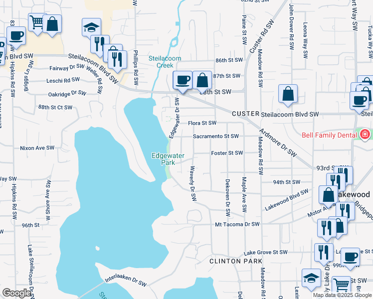 map of restaurants, bars, coffee shops, grocery stores, and more near 9013 Waverly Drive Southwest in Tacoma