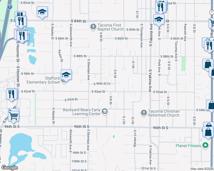 map of restaurants, bars, coffee shops, grocery stores, and more near 1119 South 90th Street Court in Tacoma