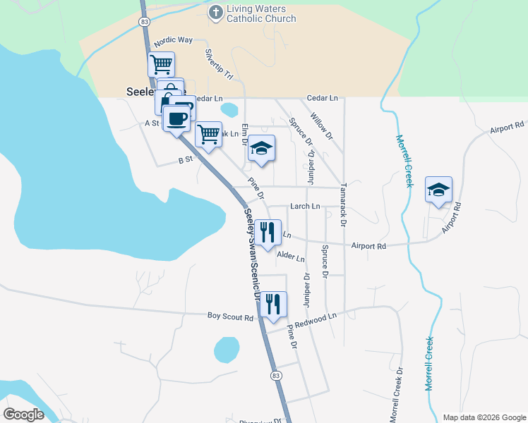 map of restaurants, bars, coffee shops, grocery stores, and more near 787 Pine Drive in Seeley Lake