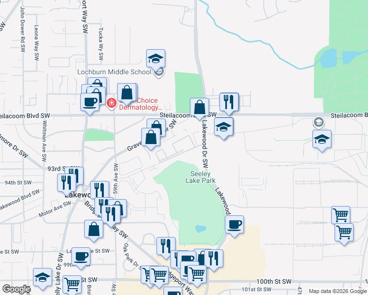 map of restaurants, bars, coffee shops, grocery stores, and more near 9100 Lakewood Drive Southwest in Lakewood