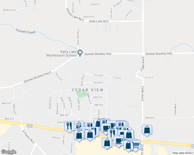 map of restaurants, bars, coffee shops, grocery stores, and more near 20805 91st Street East in Bonney Lake