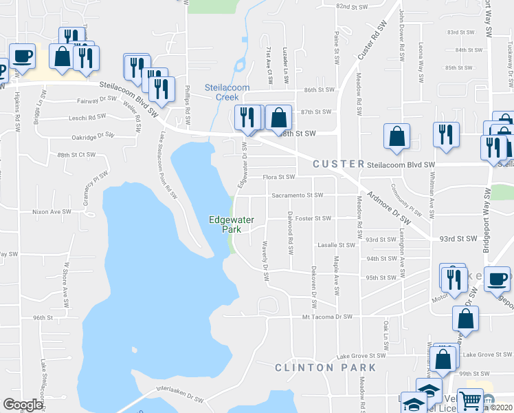 map of restaurants, bars, coffee shops, grocery stores, and more near 9013 Waverly Drive Southwest in Tacoma
