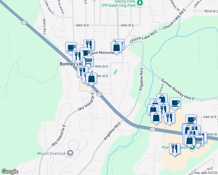 map of restaurants, bars, coffee shops, grocery stores, and more near 9014 Main Street East in Bonney Lake