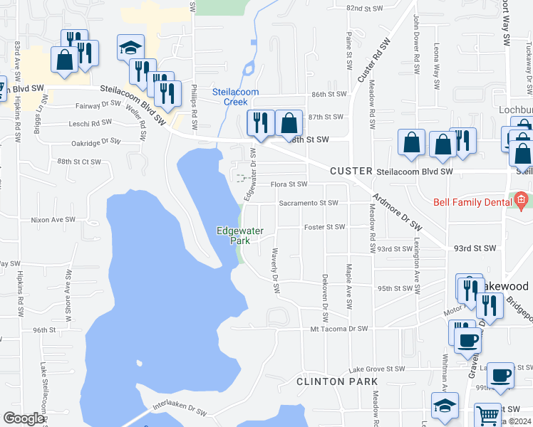 map of restaurants, bars, coffee shops, grocery stores, and more near 9020 Waverly Drive Southwest in Tacoma