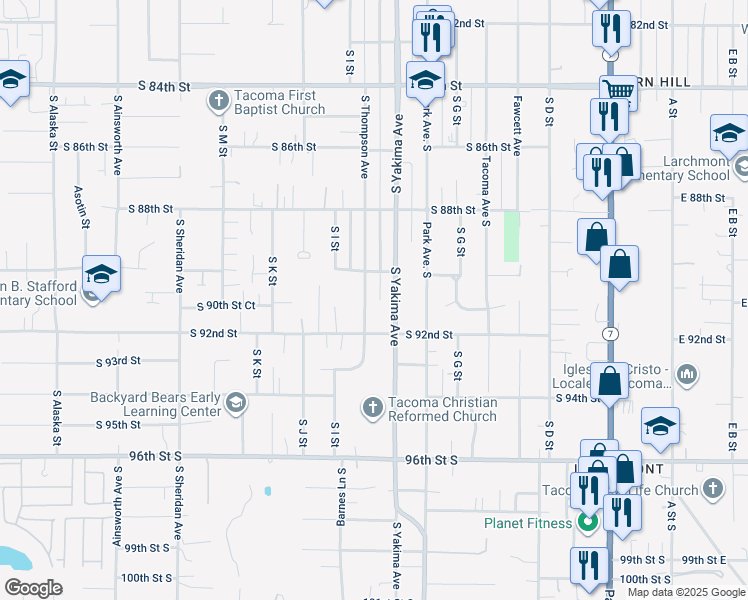 map of restaurants, bars, coffee shops, grocery stores, and more near 9012 South Thompson Avenue in Tacoma