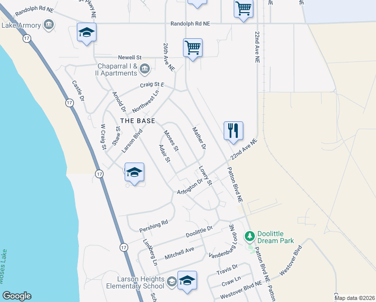 map of restaurants, bars, coffee shops, grocery stores, and more near 1214 Lowry Street in Moses Lake