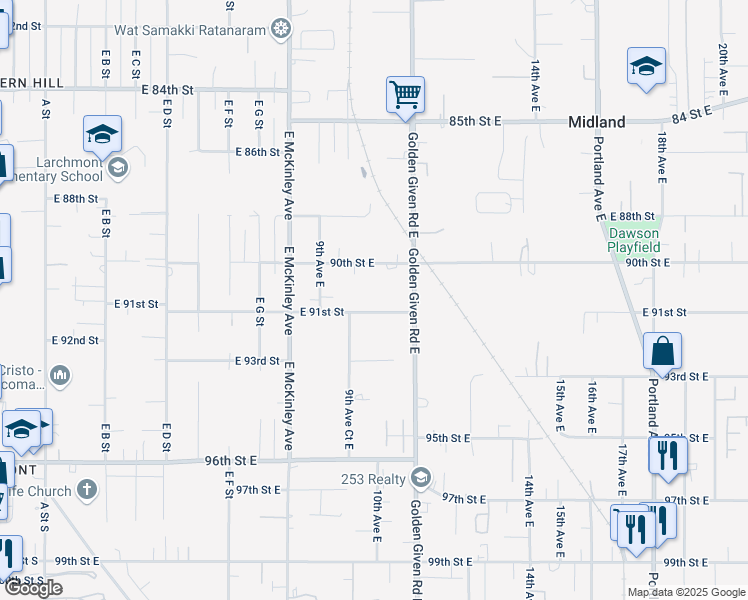 map of restaurants, bars, coffee shops, grocery stores, and more near 954 90th Street East in Tacoma