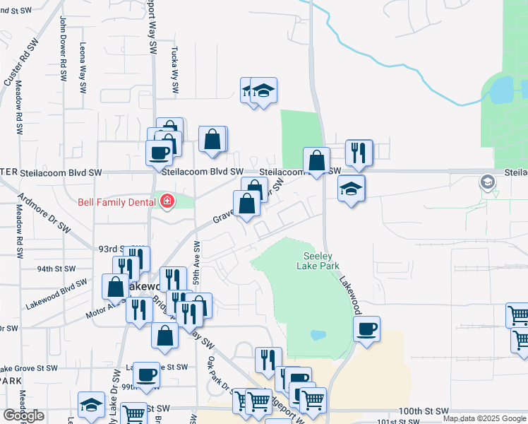 map of restaurants, bars, coffee shops, grocery stores, and more near 8911 Gravelly Lake Drive Southwest in Lakewood