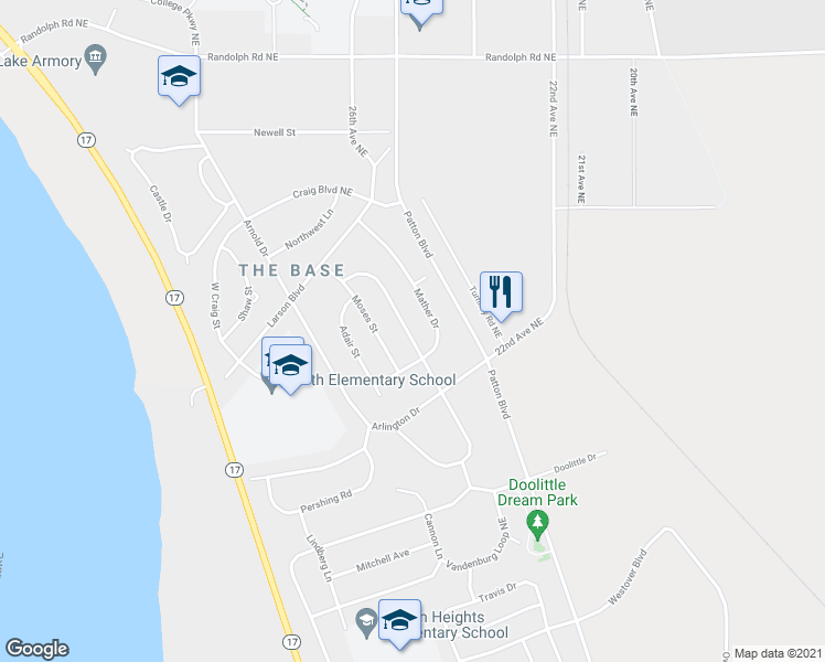 map of restaurants, bars, coffee shops, grocery stores, and more near 1214 Lowry Street in Moses Lake