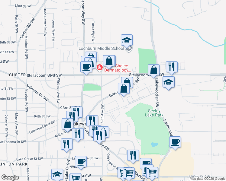 map of restaurants, bars, coffee shops, grocery stores, and more near 8950 Gravelly Lake Dr SW in Tacoma