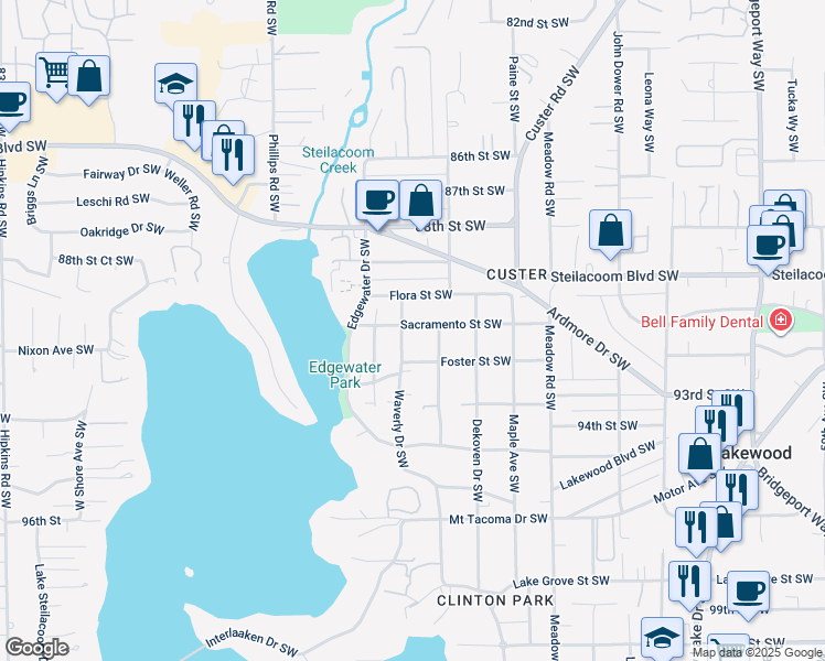 map of restaurants, bars, coffee shops, grocery stores, and more near 9013 Waverly Drive Southwest in Tacoma