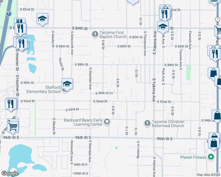 map of restaurants, bars, coffee shops, grocery stores, and more near 1119 South 90th Street Court in Tacoma