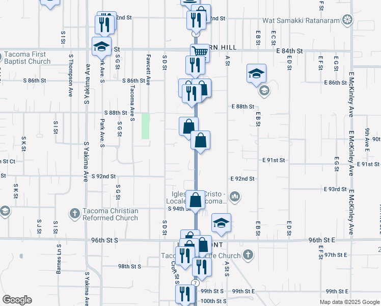 map of restaurants, bars, coffee shops, grocery stores, and more near 9002 Pacific Avenue in Tacoma