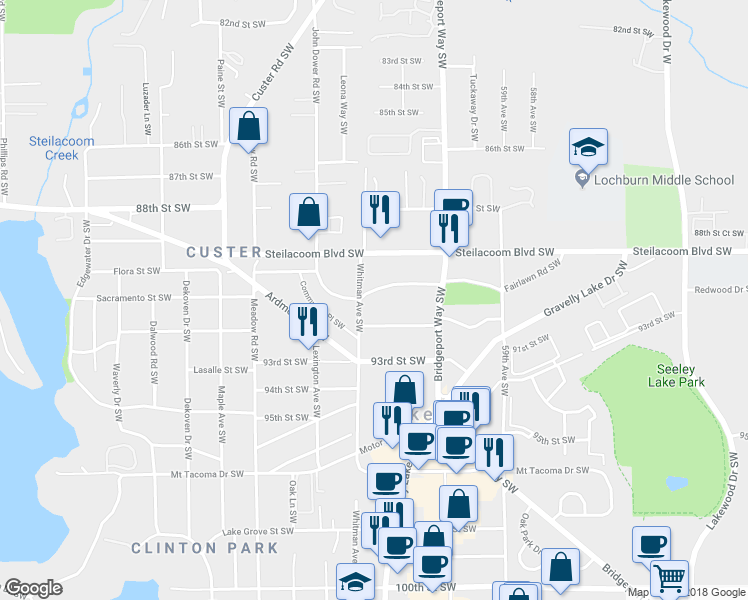 map of restaurants, bars, coffee shops, grocery stores, and more near 6156 Fairlawn Road Southwest in Tacoma