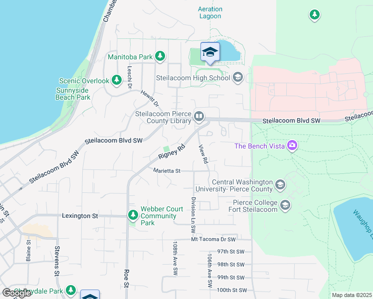 map of restaurants, bars, coffee shops, grocery stores, and more near 207 Rigney Road in Steilacoom