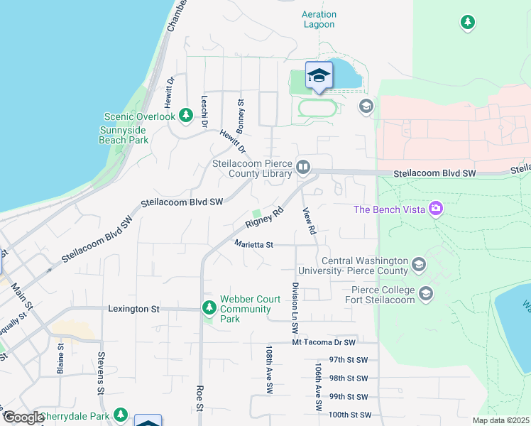 map of restaurants, bars, coffee shops, grocery stores, and more near 2701 Rigney Road in Steilacoom
