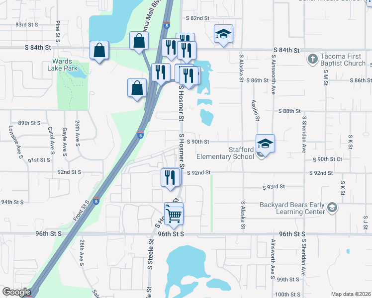 map of restaurants, bars, coffee shops, grocery stores, and more near 9009 South Hosmer Street in Tacoma