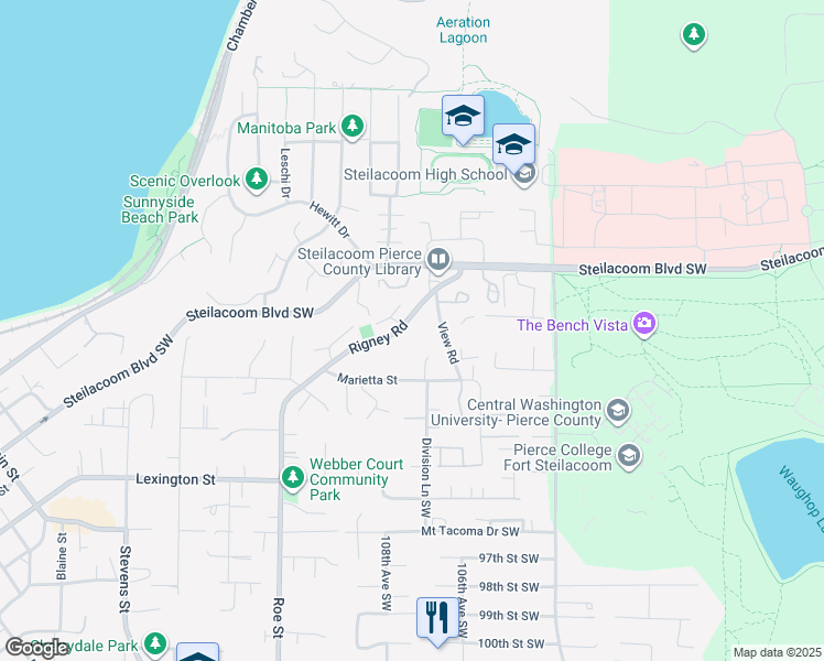 map of restaurants, bars, coffee shops, grocery stores, and more near 207 Rigney Road in Steilacoom