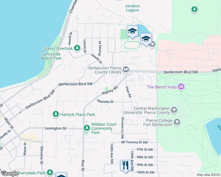 map of restaurants, bars, coffee shops, grocery stores, and more near 2701 Rigney Road in Steilacoom