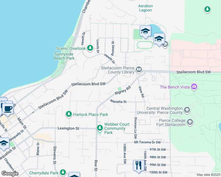 map of restaurants, bars, coffee shops, grocery stores, and more near 2701 Rigney Road in Steilacoom