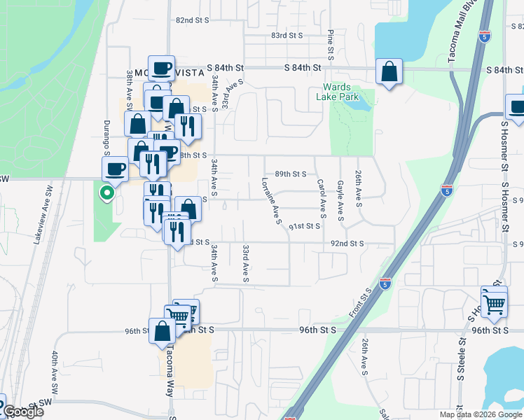 map of restaurants, bars, coffee shops, grocery stores, and more near 3254 90th Street South in Tacoma