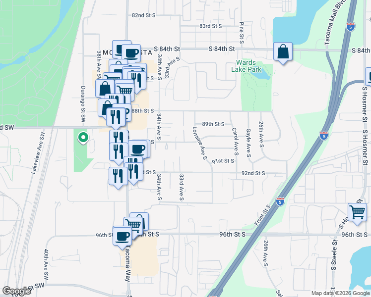 map of restaurants, bars, coffee shops, grocery stores, and more near 3254 90th Street South in Tacoma