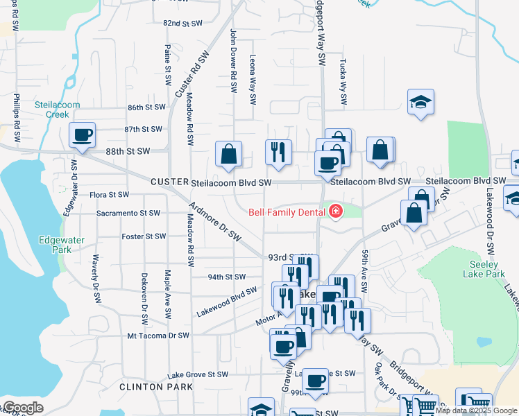 map of restaurants, bars, coffee shops, grocery stores, and more near 6156 Fairlawn Road Southwest in Tacoma