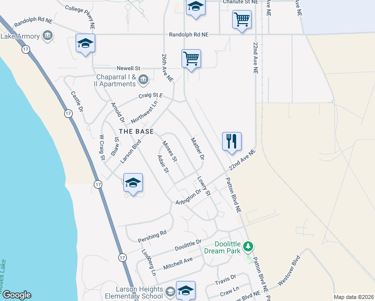 map of restaurants, bars, coffee shops, grocery stores, and more near 1226 Lowry Street in Moses Lake