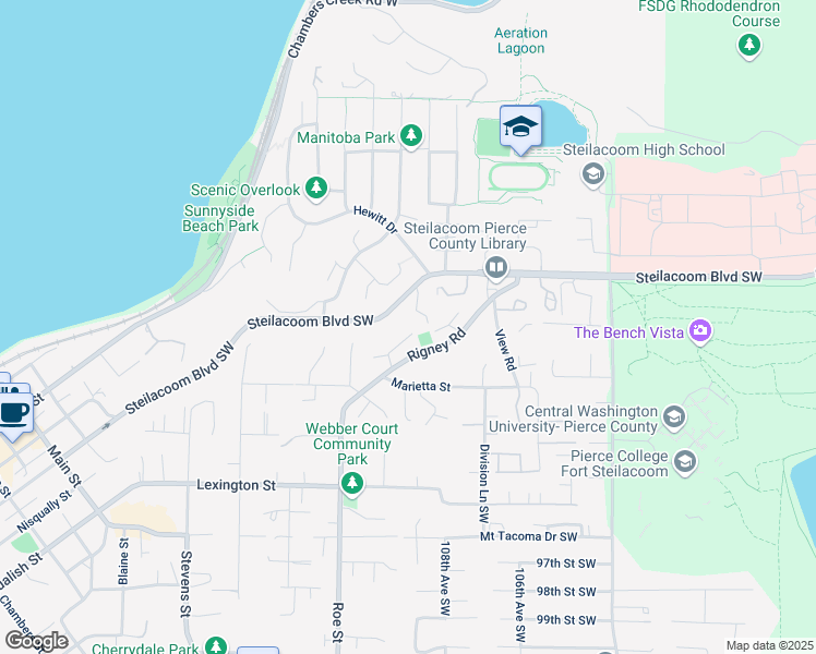 map of restaurants, bars, coffee shops, grocery stores, and more near 2701 Rigney Road in Steilacoom