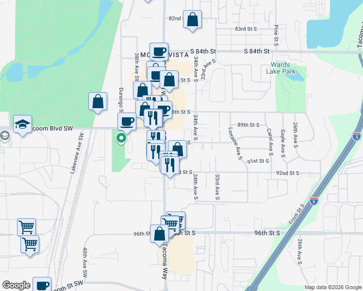 map of restaurants, bars, coffee shops, grocery stores, and more near 9021 South Tacoma Way in Lakewood